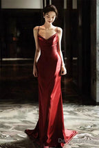 Wine Red Soft Satin Straps V Neckline Prom Dress, Wine Red Prom Dresses