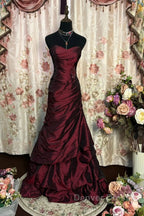 Wine Red Strapless Long Taffeta Sweet 16 Dresses, Wine Red Sweetheart Prom Dresses Formal Gown