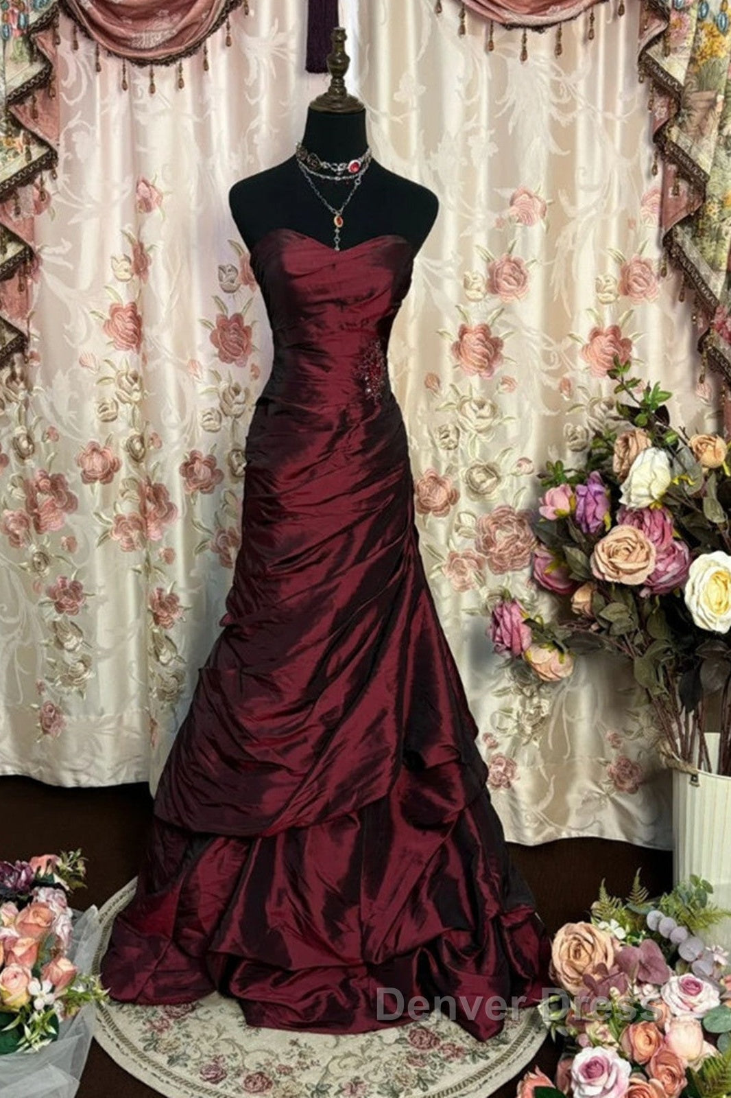 Wine Red Strapless Long Taffeta Sweet 16 Dresses, Wine Red Sweetheart Prom Dresses Formal Gown