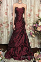 Wine Red Strapless Long Taffeta Sweet 16 Dresses, Wine Red Sweetheart Prom Dresses Formal Gown