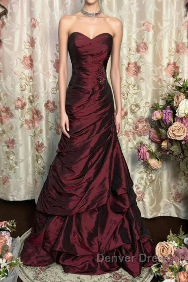 Wine Red Strapless Long Taffeta Sweet 16 Dresses, Wine Red Sweetheart Prom Dresses Formal Gown
