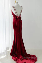 Wine Red Straps Low Back Mermaid Long Party Dresses, Wine Red Evening Dresses