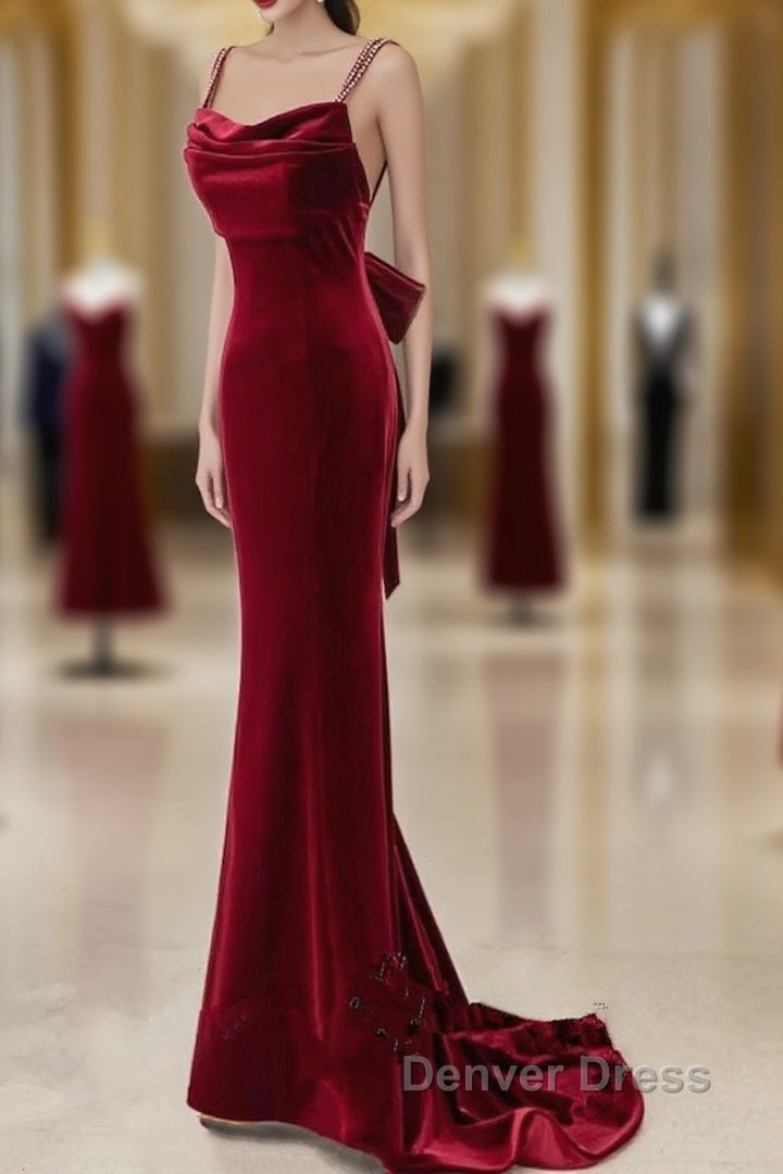 Wine Red Straps Low Back Mermaid Long Party Dresses, Wine Red Evening Dresses Main image