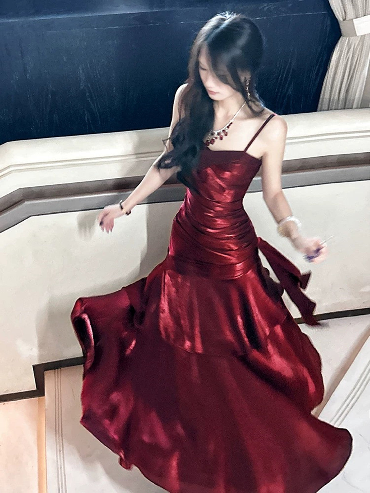 Wine Red Straps Mermaid Long Prom Dress, Wine Red Prom Dress Main image
