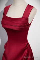Wine Red Straps Satin Scoop Floor Length Prom Dress, Wine Red Long Evening Dress