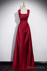Wine Red Straps Satin Scoop Floor Length Prom Dress, Wine Red Long Evening Dress
