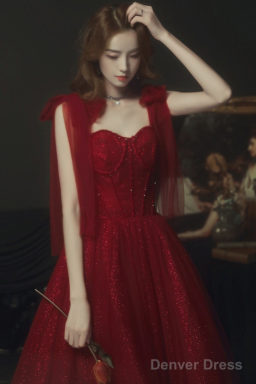 Wine Red Straps Sweetheart Shiny Tulle Prom Dress, A-Line Wine Red Prom Dresses