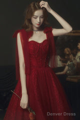 Wine Red Straps Sweetheart Shiny Tulle Party Dress, A-Line Wine Red Formal Dress