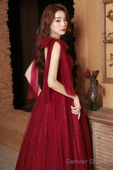 Wine Red Straps Sweetheart Shiny Tulle Party Dress, A-Line Wine Red Formal Dress