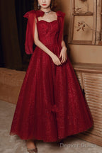 Wine Red Straps Sweetheart Shiny Tulle Prom Dress, A-Line Wine Red Prom Dresses