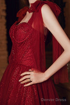 Wine Red Straps Sweetheart Shiny Tulle Prom Dress, A-Line Wine Red Prom Dresses
