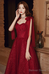 Wine Red Straps Sweetheart Shiny Tulle Party Dress, A-Line Wine Red Formal Dress