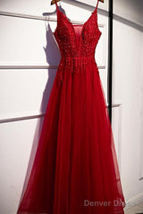 Wine Red Straps V-Neckline Lace Applique Long Prom Dress, Dark Red Formal Dresses