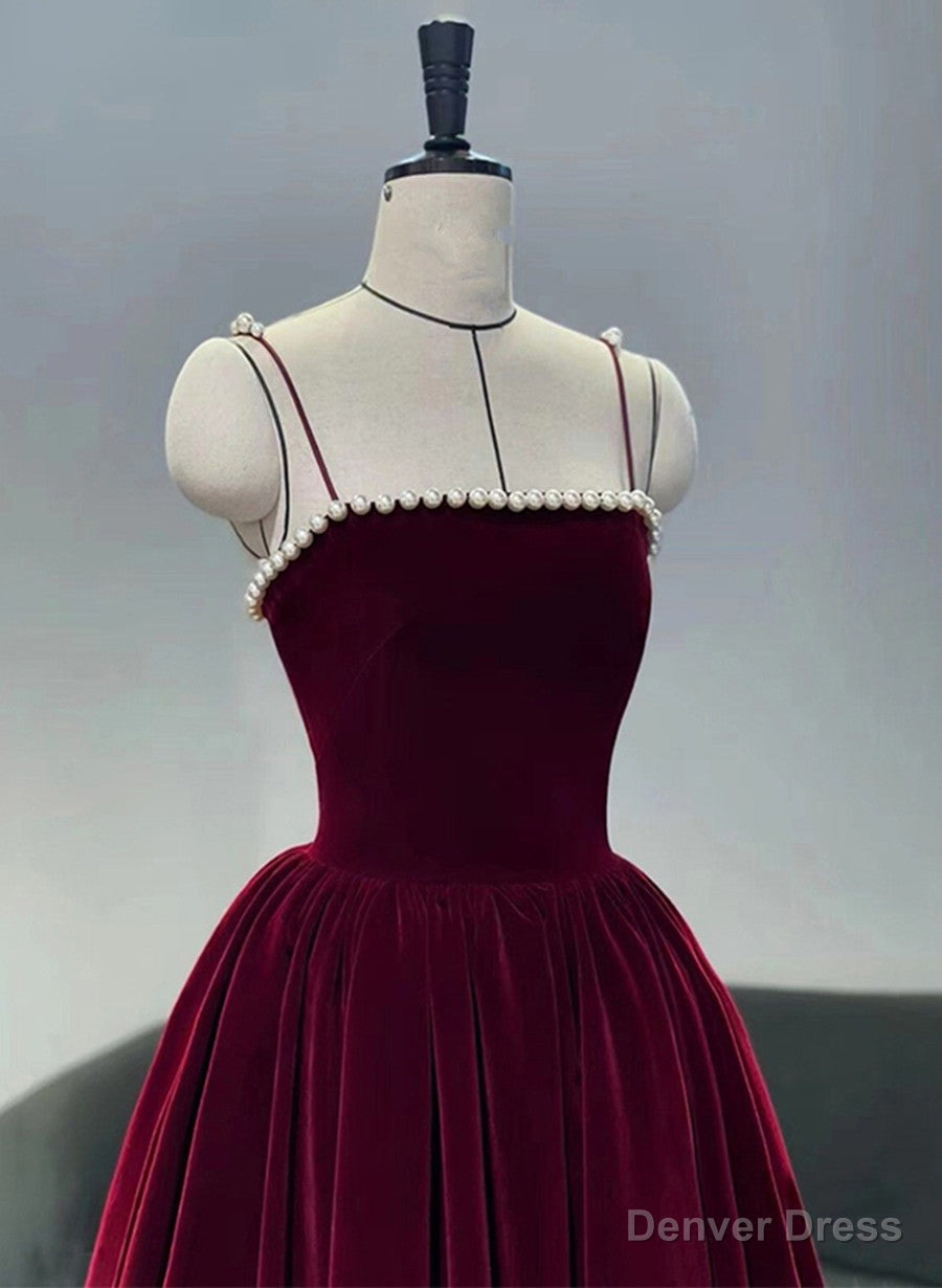 Wine Red Straps Velvet Prom Dress with Pearls, Wine Red Tea Length Prom Dresses