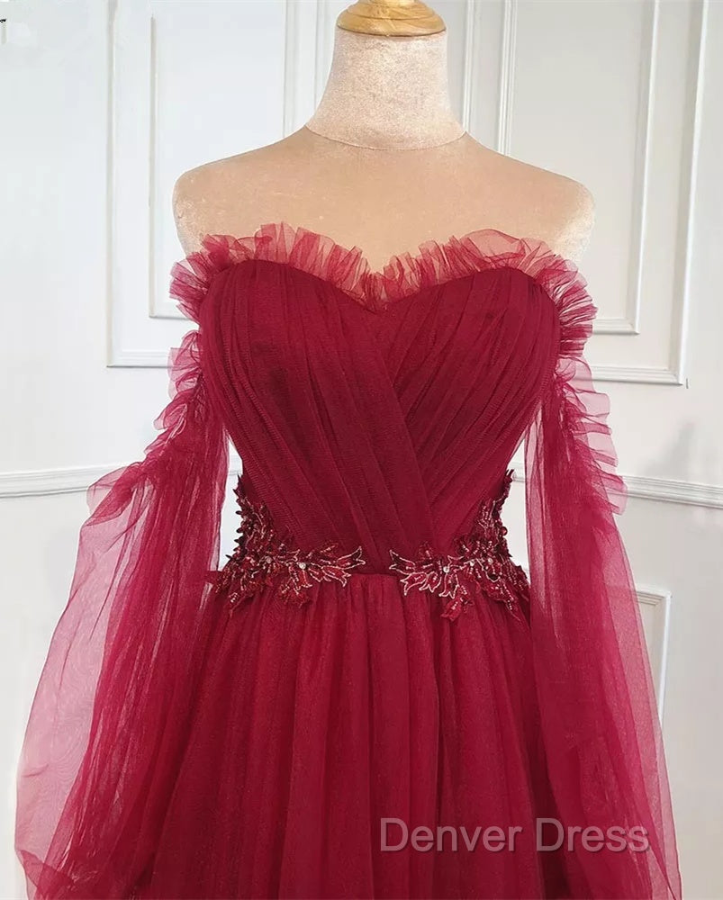 Wine Red Sweetheart Beaded Off Shoulder Prom Dress, Wine Red Bridesmaid Dresses