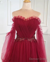 Wine Red Sweetheart Beaded Off Shoulder Party Dress, Wine Red Bridesmaid Dress