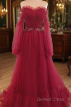 Wine Red Sweetheart Beaded Off Shoulder Prom Dress, Wine Red Bridesmaid Dresses