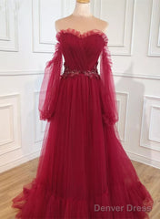Wine Red Sweetheart Beaded Off Shoulder Party Dress, Wine Red Bridesmaid Dress