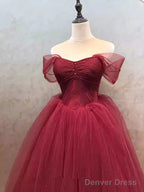 Wine Red Sweetheart Beaded Off Shoulder Prom Dress, Wine Red Tulle Prom Dresses