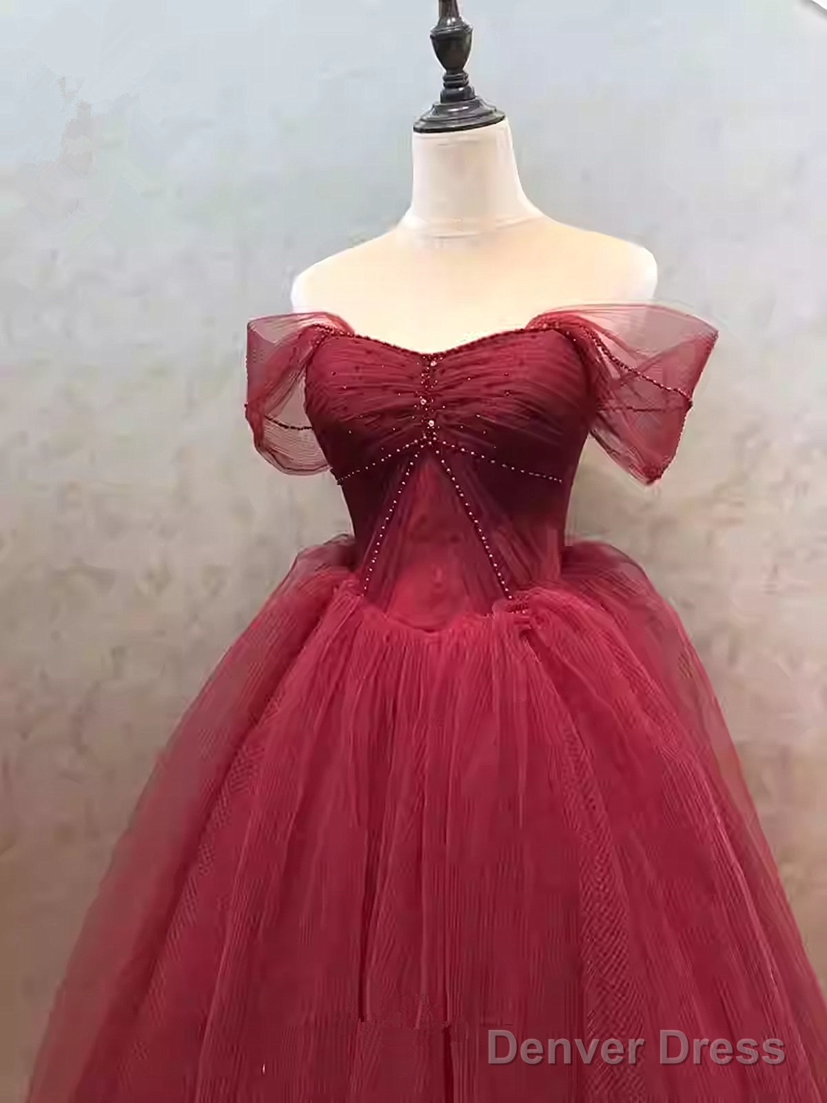 Wine Red Sweetheart Beaded Off Shoulder Prom Dress, Wine Red Tulle Prom Dresses