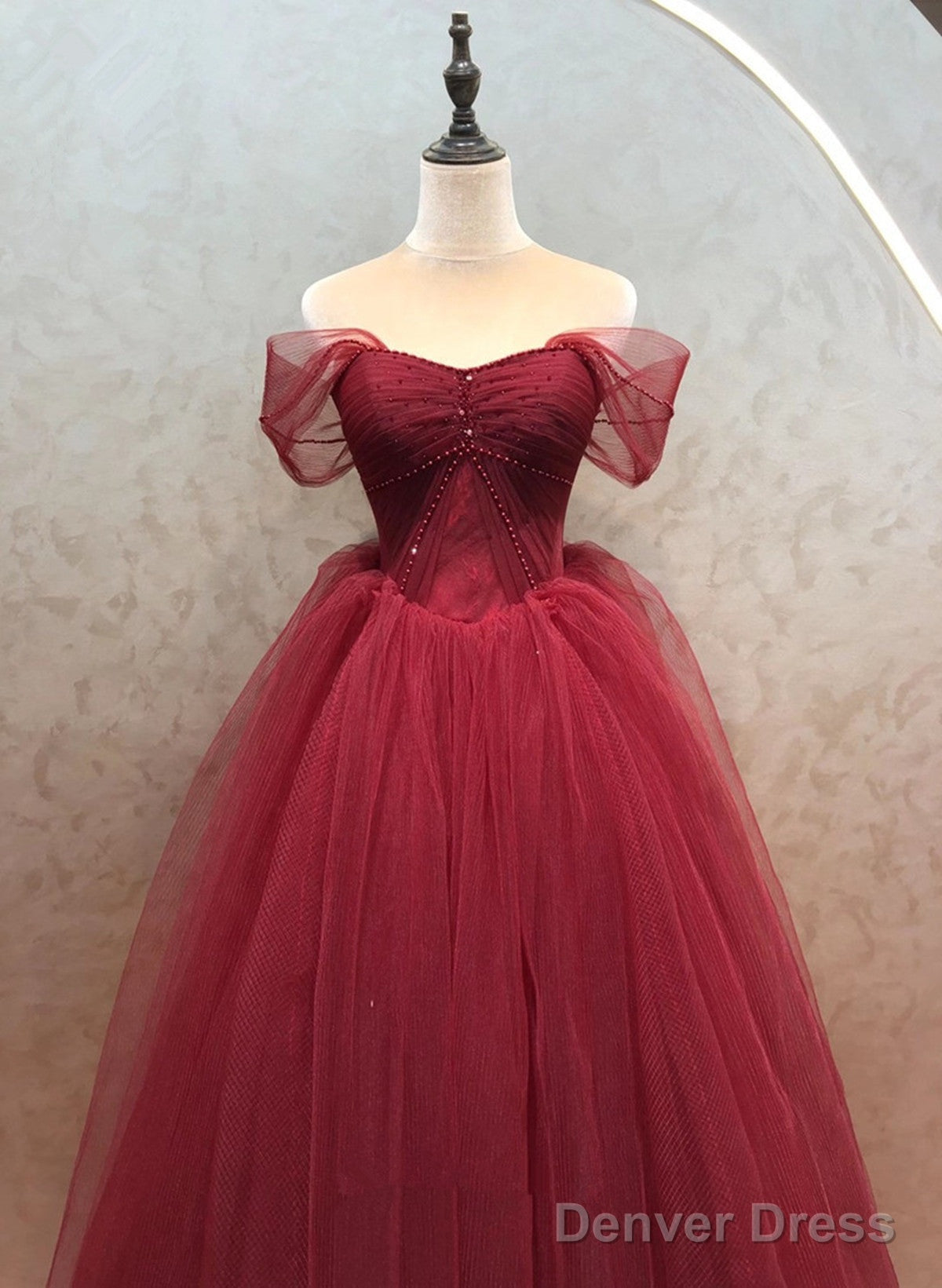 Wine Red Sweetheart Beaded Off Shoulder Prom Dress, Wine Red Tulle Prom Dresses