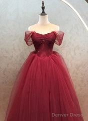 Wine Red Sweetheart Beaded Off Shoulder Party Dress, Wine Red Tulle Formal Dress