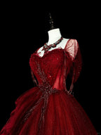 Wine Red Sweetheart Beaded Tulle Prom Dress, Off Shoulder Sweet 16 Dresses