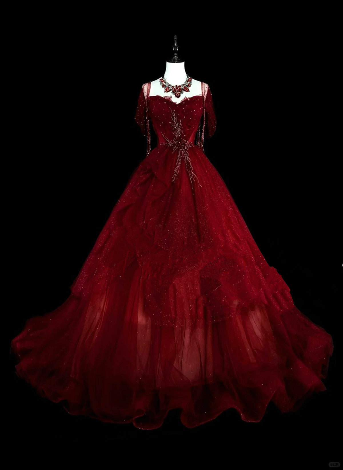 Wine Red Sweetheart Beaded Tulle Prom Dress, Off Shoulder Sweet 16 Dresses