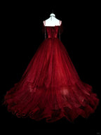 Wine Red Sweetheart Beaded Tulle Prom Dress, Off Shoulder Sweet 16 Dresses
