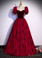 Wine Red Sweetheart Short Sleeves Long Prom Dress, Wine Red Prom Dress