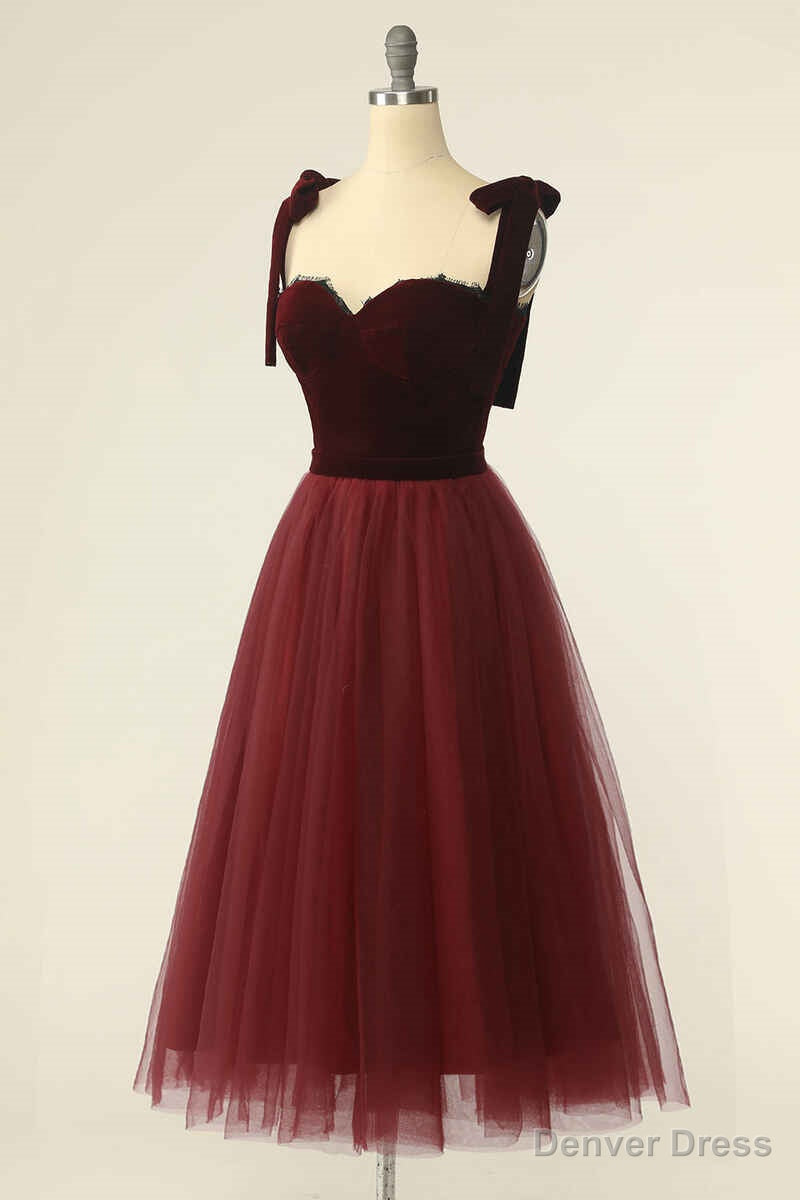 Wine Red Sweetheart Tie Strap A Line Short Prom Dresses