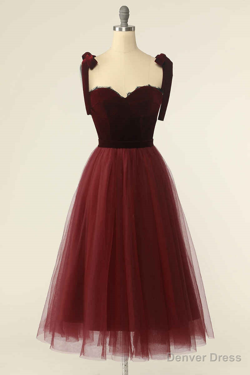 Wine Red Sweetheart Tie Strap A Line Short Prom Dresses