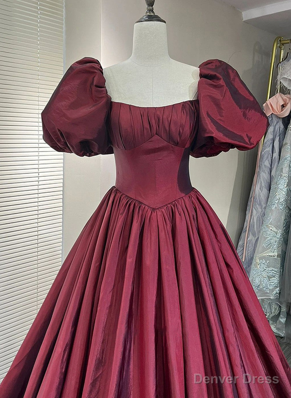 Wine Red Taffeta Short Sleeves Long Formal Dress, Wine Red Evening Dress Prom Dress