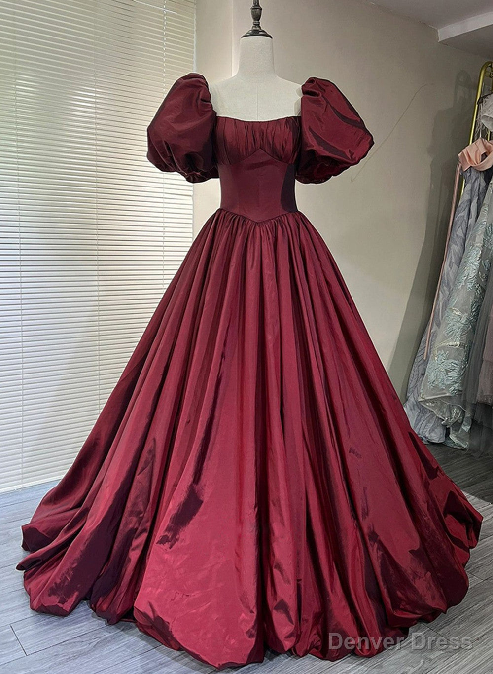 Wine Red Taffeta Short Sleeves Long Prom Dress, Wine Red Prom Dress Main image