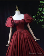 Wine Red Taffeta Short Sleeves Long Prom Dress, Wine Red Prom Dress