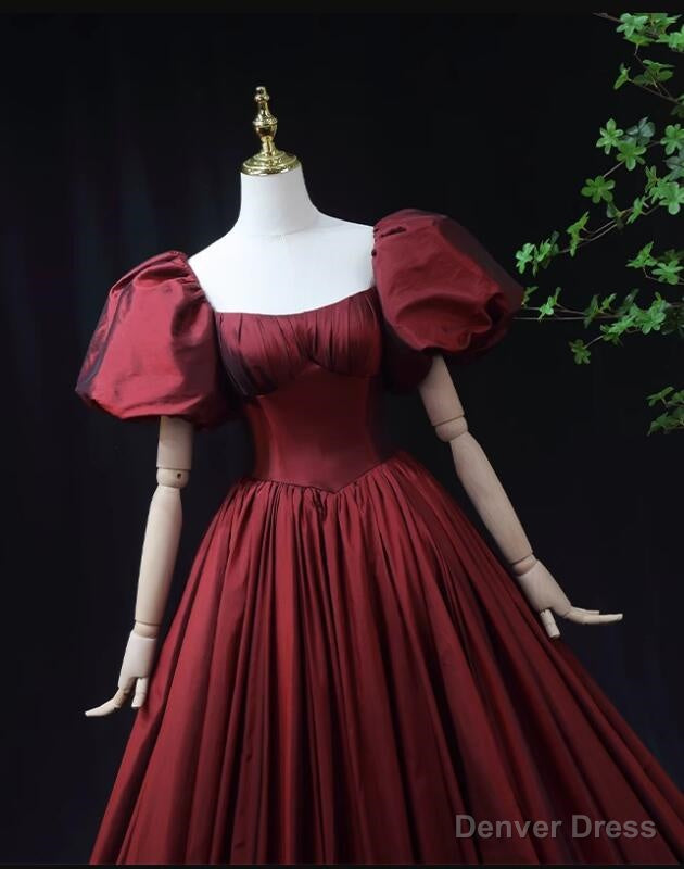Wine Red Taffeta Short Sleeves Long Prom Dress, Wine Red Prom Dress