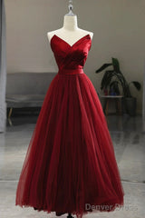 Wine Red Tea Length Tulle V-Neckline Prom Dress, Wine Red Tulle Party Dress