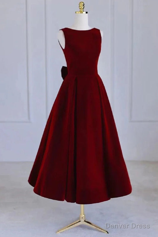 Wine Red Tea Length Velvet Prom Dress with Bow, Burgundy Wedding Prom Dresses Secondary image