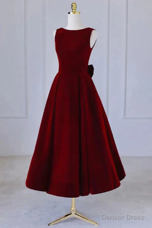 Wine Red Tea Length Velvet Party Dress with Bow, Burgundy Wedding Party Dresses Main image