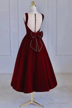 Wine Red Tea Length Velvet Prom Dress with Bow, Burgundy Wedding Prom Dresses