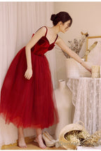 Wine Red Tea Length Velvet Top And Tulle Prom Dress, Dark Red Straps Prom Dresses