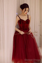 Wine Red Tea Length Velvet Top And Tulle Prom Dress, Dark Red Straps Prom Dresses