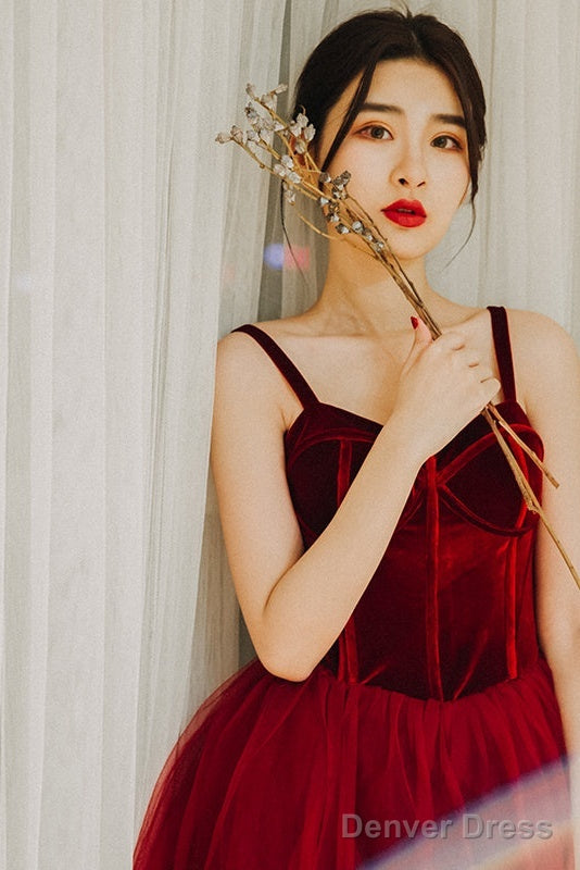 Wine Red Tea Length Velvet Top And Tulle Prom Dress, Dark Red Straps Prom Dresses
