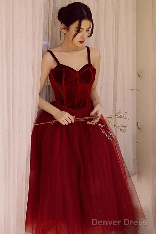 Wine Red Tea Length Velvet Top And Tulle Prom Dress, Dark Red Straps Prom Dresses
