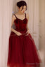 Wine Red Tea Length Velvet Top And Tulle Prom Dress, Dark Red Straps Prom Dresses