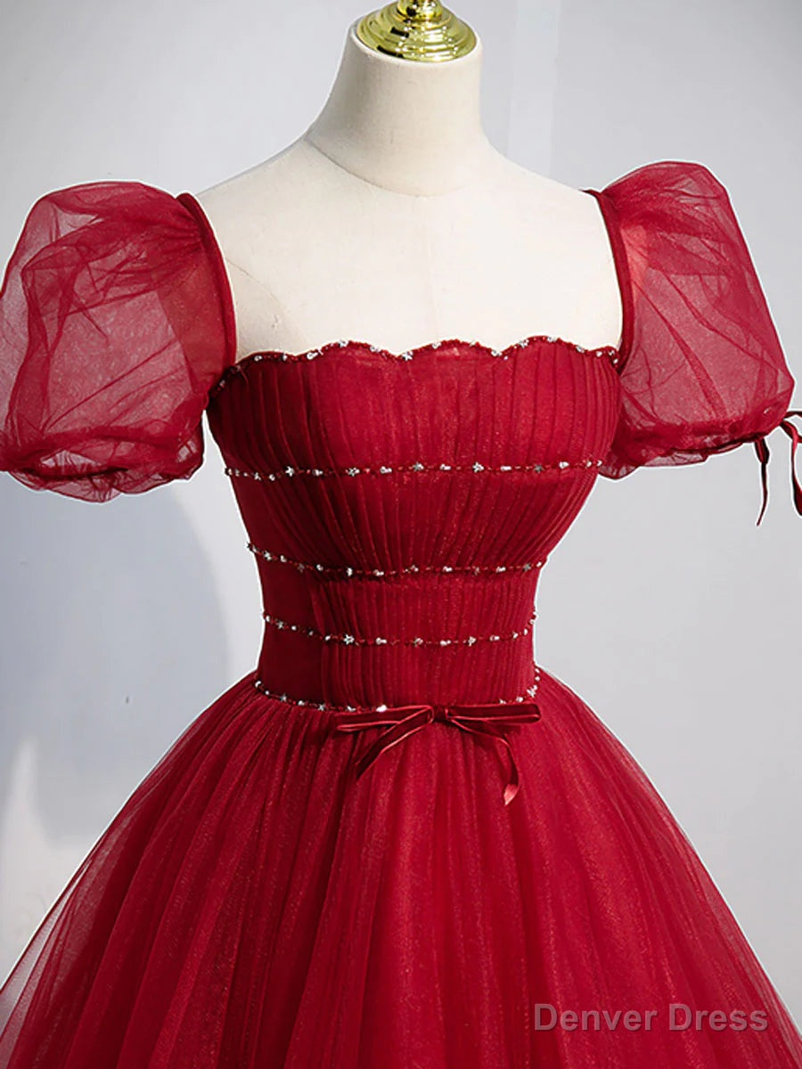 Wine Red Tulle A Line Beaded Long Prom Dress, Wine Red Prom Dress