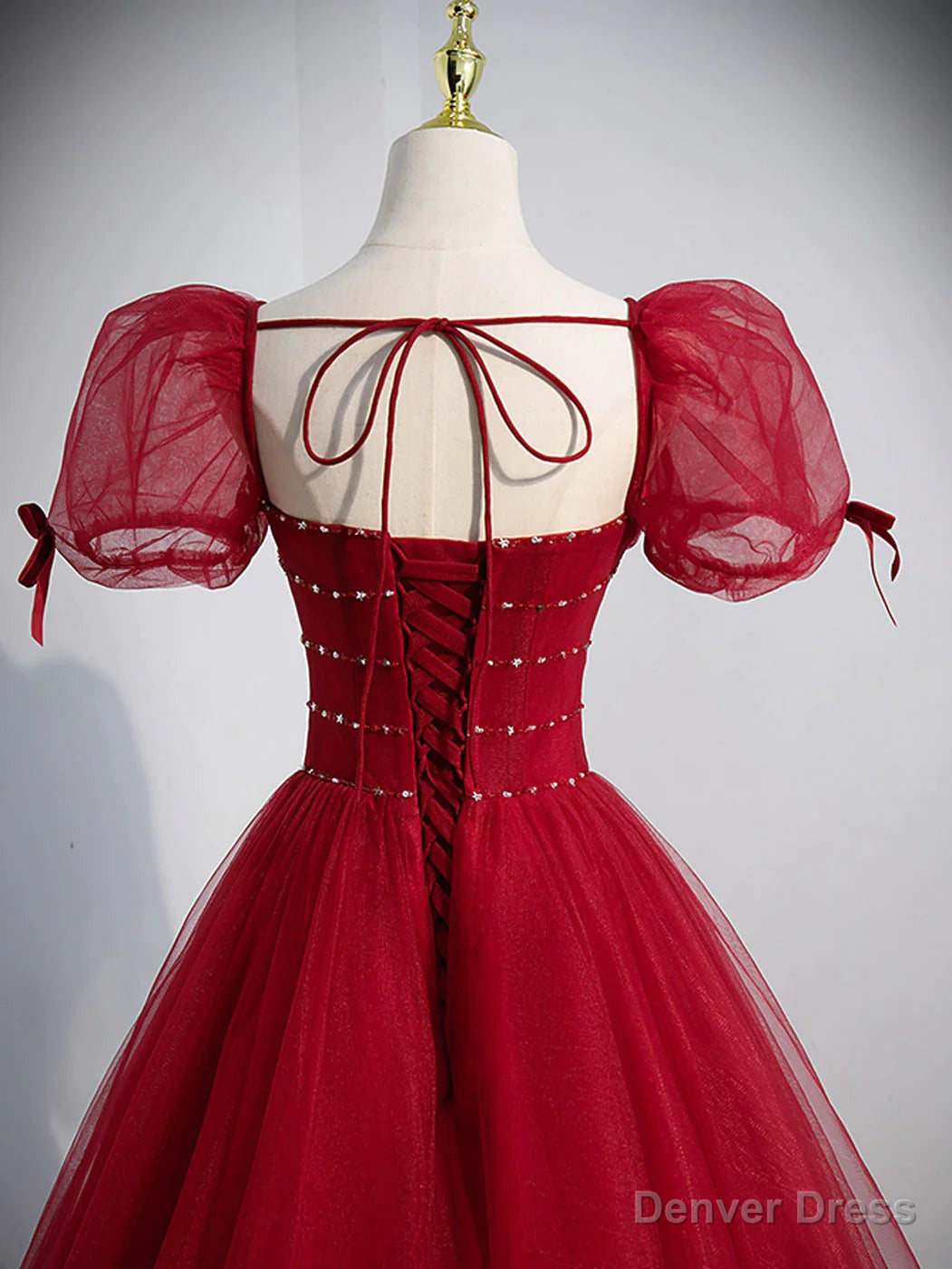 Wine Red Tulle A Line Beaded Long Prom Dress, Wine Red Prom Dress