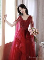 Wine Red Tulle and Beaded Long Prom Dress, Wine Red Floor Length Prom Dresses