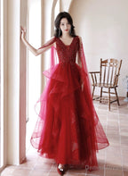 Wine Red Tulle and Beaded Long Prom Dress, Wine Red Floor Length Prom Dresses