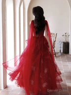 Wine Red Tulle and Beaded Long Prom Dress, Wine Red Floor Length Prom Dresses